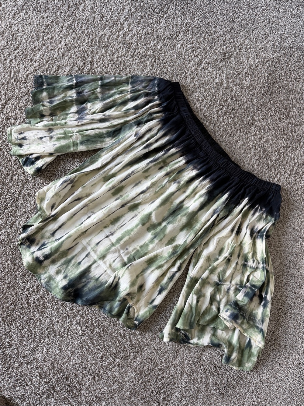 Navy & Green Tie-Dye Off Shoulder Bell Sleeve Blouse